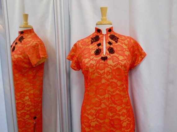 Vintage 1960s 60s Flame Red Lace Cheong Sam Red Qi Pao 60s 
