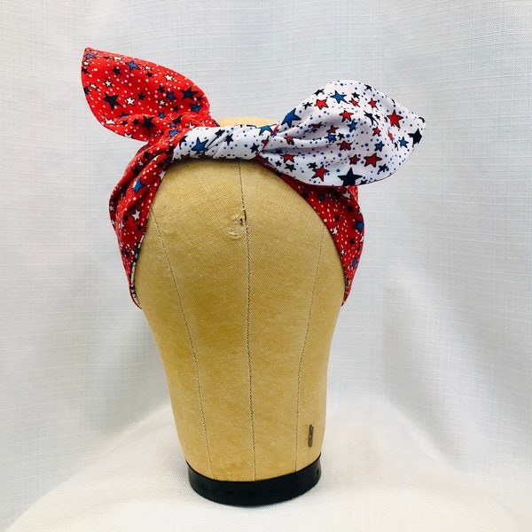 Red and White Star Print Head Scarf Dolly Bow Reversible Headband All Cotton Rosie the Riveter 50s Style Pin Up Look