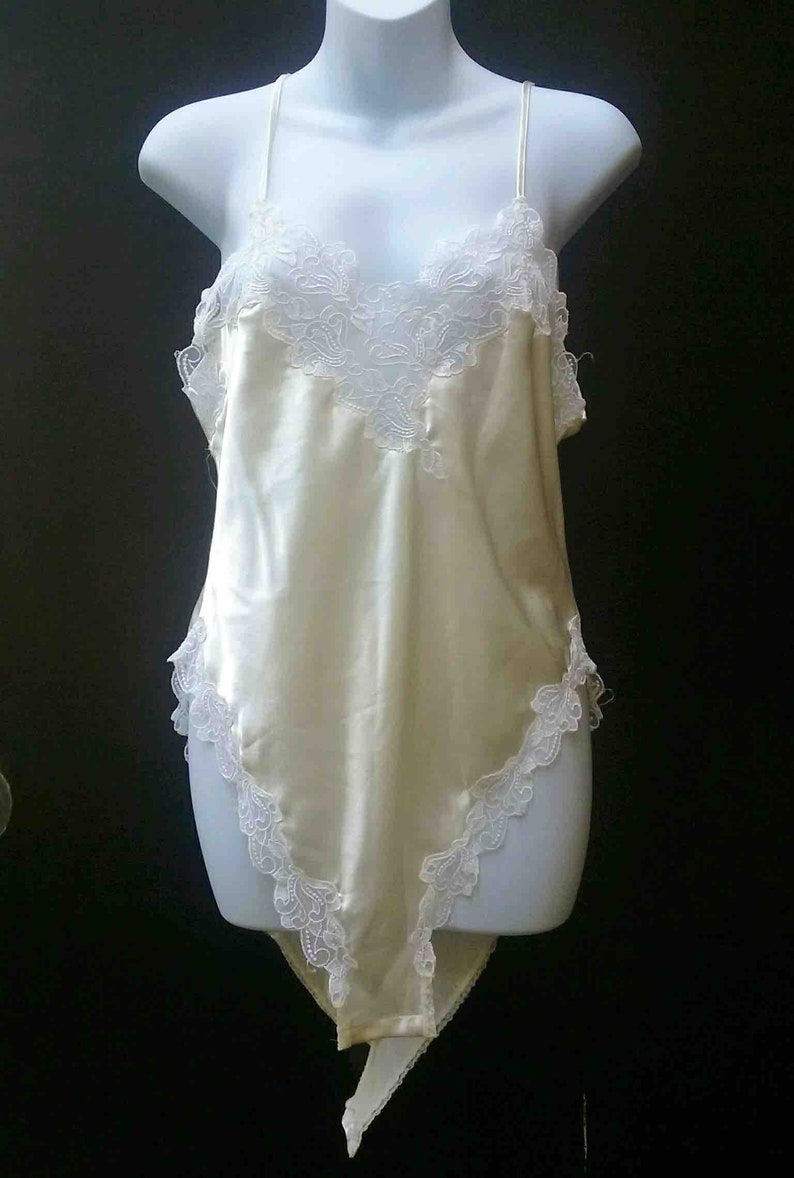 Vintage Nineties Ivory Satin Teddy with Lace Trim from Victorias Secret Size L Lingerie