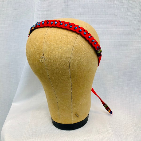 Handmade Braided Headband Bright Orange Headband with Blue Beads Tie On Guatemala Fabric Ikat Fabric Hippie Look Boho Style Gypset Style