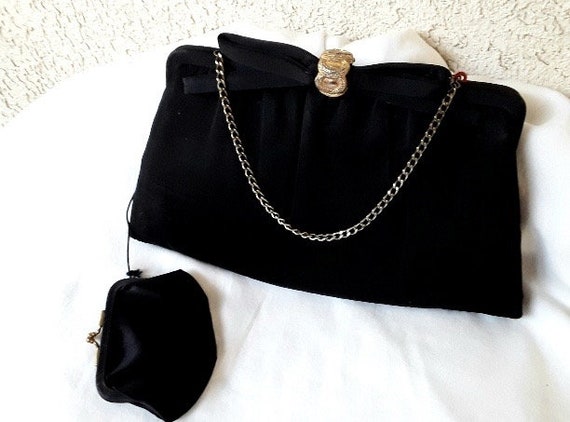 Vintage Fifties Small Black Satin Semi Formal Hand Bag With 