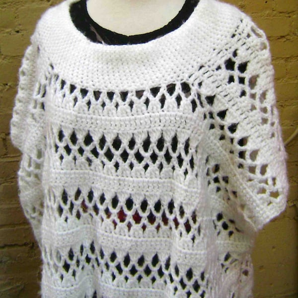 Vintage Nineties Hand Knit Cream Crochet Cover-All Poncho Layer  Blanket Dress / SALE