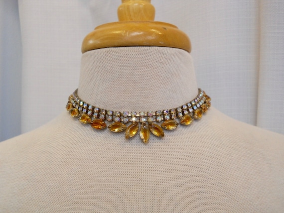 Vintage 1950s 50s Rhinestone Choker Amber Yellow a