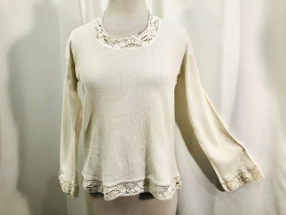 Vintage 1970s 70s Ivory Gauze Blouse with Cotton … - image 1