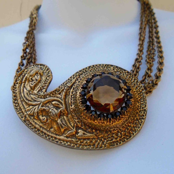 Vintage Early Sixties Multi Chain Brass Necklace with Large Paisley Shaped Topaz Colored Stone / Distressed Faux Costume Jewelry