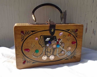 Vintage Sixties Hand Made Wooden Box Purse with Treasure Chest Design / Vintage Storage / Collectible As-Is Condition