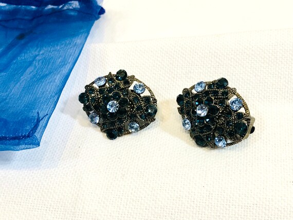 Shades of Blue Rhinestone Earrings Clip On Vintag… - image 4
