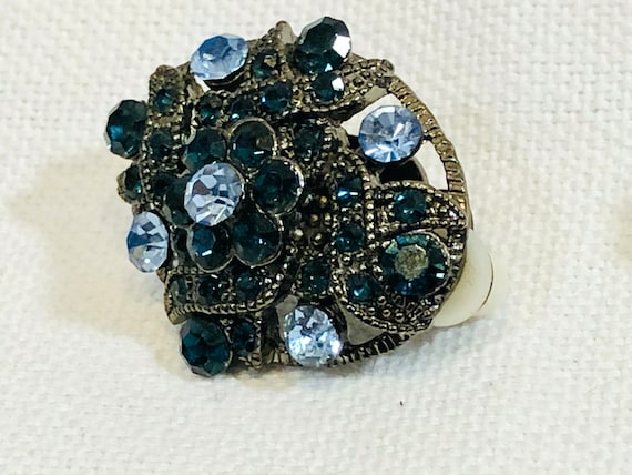 Shades of Blue Rhinestone Earrings Clip On Vintag… - image 7