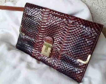 Vintage Nineties Brown and Caramel Colored Snakeskin & Leather Envelope Clutch Purse by Santi / Made in Canada