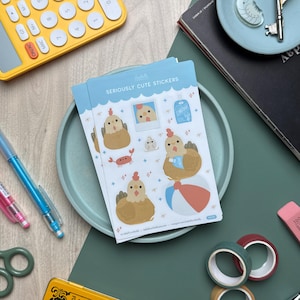 Chicken Beach Themed Sticker Sheet with 7 Seriously Cute Stickers for Planners, Notebooks, Water bottles, Stationery and More1