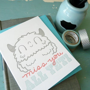 Miss You All Yeti Illustrated Letterpress Notecard (Single)