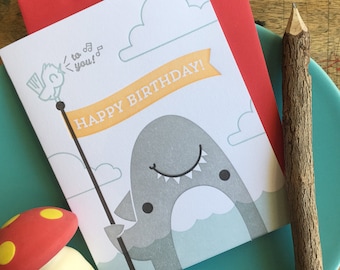 Happy Birthday Shark and Bird Illustrated Letterpress Notecard (Single)