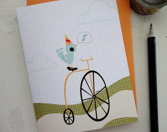 Party Bird Birthday on Bike Illustrated Notecard (Single)