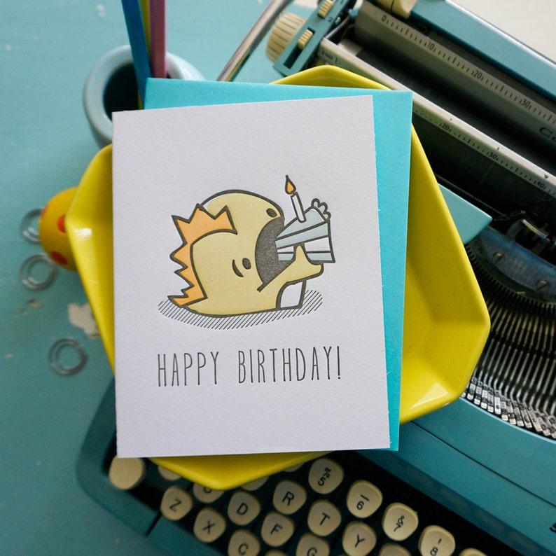 Happy Birthday Monster Eating Cake Illustrated Letterpress Notecard Single image 1