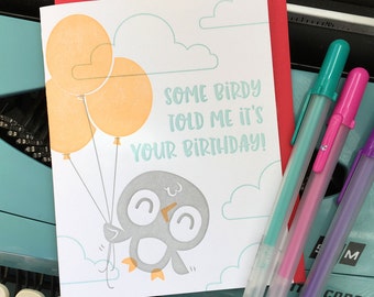 Some Birdy Told me It's Your Birthday Flying Bird Illustrated Letterpress Notecard (Single)