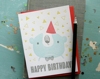 Happy Birthday Bear with Party Hat Illustrated Letterpress Notecard (Single)