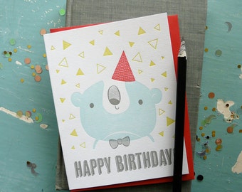 Happy Birthday Bär mit Partyhut Illustrierte Letterpress Notecard (Single)