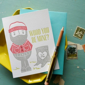 Cartão de notas tipográfico ilustrado Wood You Be Mine Lumberjack (individual)