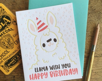 Llama Wish You Happy Birthday Illustrated Letterpress Notecard (Single)