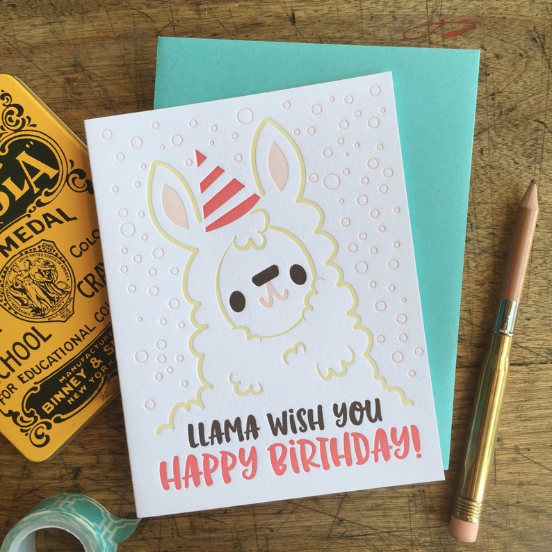 Llama Wish You Happy Birthday Illustrated Letterpress Notecard Single image 1