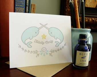 Totally Narly Narwhale Illustrated Letterpress Notecard (Single)