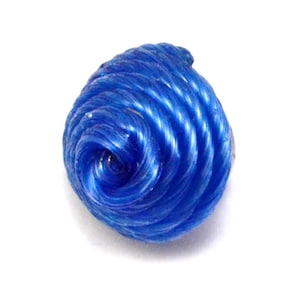 May include: A blue rope tied into a ball shape. The rope is shiny and has a slight metallic sheen.