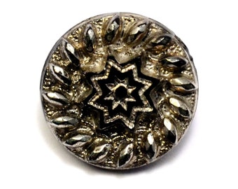 Antique silver luster raised star patterned black glass button, one small 11/16 inch (G49)