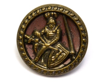 Antique ‘Knights of the Holy Grail’ warrior with shield and lance metal picture button, one small 3/4 inch (M65)