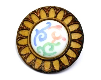 Victorian celluloid brass metal trim painted pastel china cab button, one large 1 5/16 inch (M3)