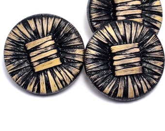 Set of two vintage black cream buffed imitation fabric plastic buttons, set of two small 13/16 inch (C2)