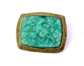 Vintage peking glass bird brooch >> faux jade green molded glass floral brass frame pin