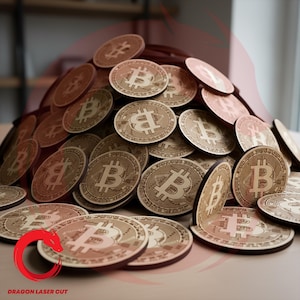 May include: A large pile of circular wooden tokens, each engraved with the Bitcoin symbol. The tokens feature a light brown wood grain finish with darker etched details. A red dragon logo and the text DRAGON LASER CUT appear at the bottom.