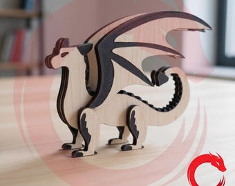 May include: A laser-cut wooden dragon figurine featuring light tan wood grain with dark brown accents on the wings, legs, and tail. The dragon stands in a profile position with a curved tail and extended wings. The text DRAGON LASER CUT is visible.