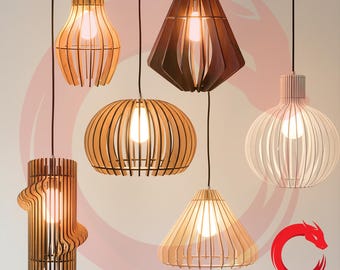 Laser cut Chandelier Pendant Lamp set of 9 SVG bundle glowforge wood chandelier file Vector laser template puzzle cut file Dxf Eps Cdr cnc
