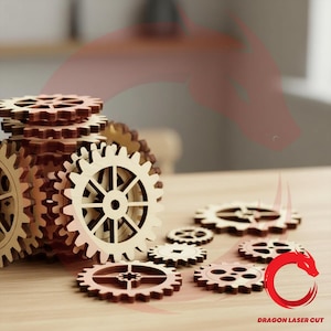 May include: Wooden gears of various sizes, some stacked and others scattered on a light-colored surface. The gears are laser-cut with intricate designs, showcasing a natural wood grain. The image includes the text "DRAGON LASER CUT".