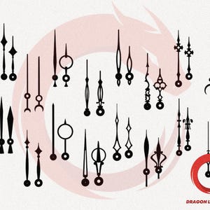 May include: A collection of black clock hands in various decorative designs. The hands feature different shapes, including pointed, diamond, and circular elements. The image includes the text "DRAGON LASER CUT" in the lower right corner.