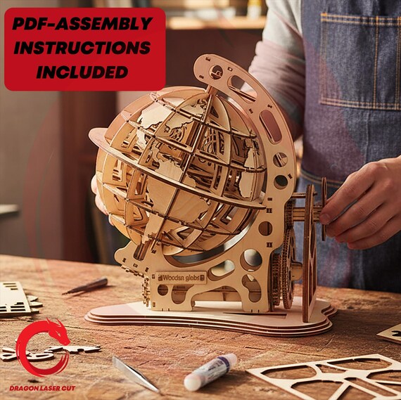 Laser cut globe 3 mm mechanical puzzle 3d SVG bundle glowforge wood Earth globe DXF files Vector template file Eps Pdf Cdr cnc