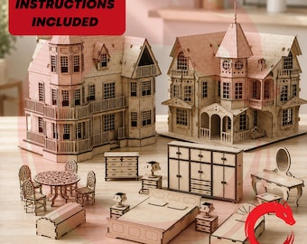 3 in 1 Laser Cut Castle Bundle SVG 3 mm 3D Dollhouse & Furniture Set Glowforge File DXF Cdr Eps Ai  Vector Cutting Template CNC Pattern