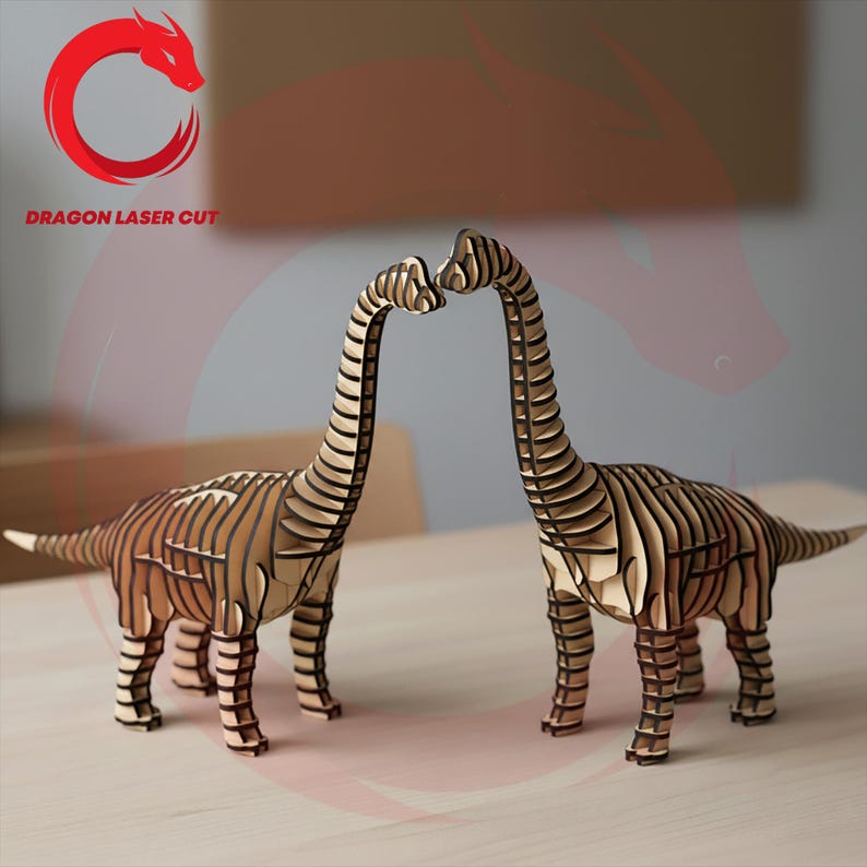 May include: Two laser-cut wooden Brachiosaurus dinosaur models with a layered design. The dinosaurs are facing each other, their necks touching. The models are light brown and stand on a light-coloured surface. The text "DRAGON LASER CUT" is in the upper left corner.