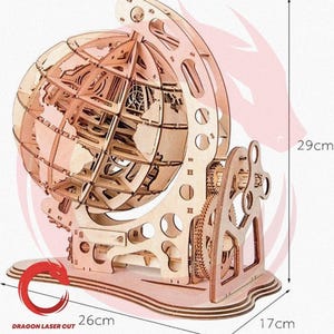 May include: A wooden laser-cut globe model, 11.4 inches tall, 10.2 inches wide, and 6.7 inches deep. The model features intricate details of the Earth's continents and a gear mechanism. The base has the text "DRAGON LASER CUT".