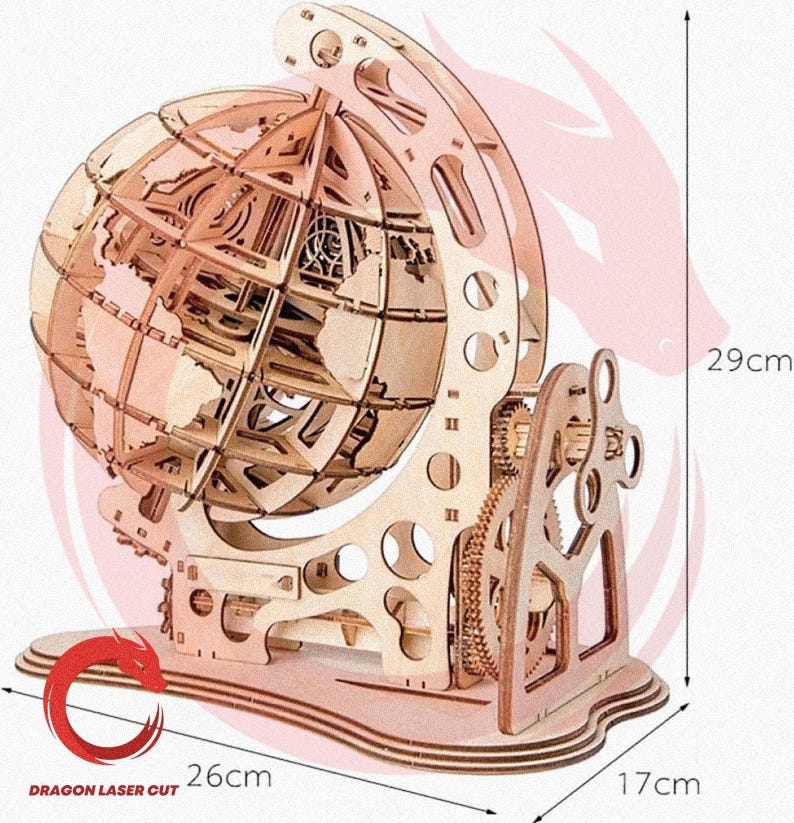 May include: A wooden laser-cut globe model, 11.4 inches tall, 10.2 inches wide, and 6.7 inches deep. The model features intricate details of the Earth's continents and a gear mechanism. The base has the text "DRAGON LASER CUT".