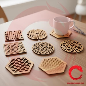 Sottobicchieri geometrici tagliati al laser, 3 set SVG bundle glowforge file modello vettoriale sottobicchieri DXF, Ai, Cdr, modello CNC