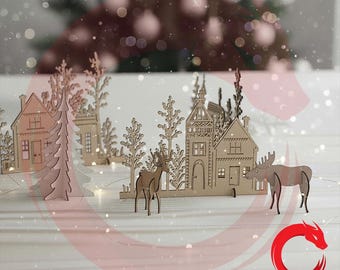 Laser cut Christmas New Year Decor Scene Table Decoration 3d puzzle SVG bundle glowforge wood DXF files Vector template  Dxf Eps Pdf Cdr cnc