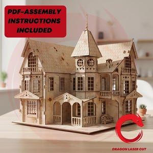 May include: A laser-cut wooden dollhouse with intricate details, including multiple windows, balconies, and a tower. The text "PDF-ASSEMBLY INSTRUCTIONS INCLUDED" is visible. The design is from "DRAGON LASER CUT".