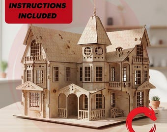 May include: A laser-cut wooden dollhouse with intricate details, including multiple windows, balconies, and a tower. The text "PDF-ASSEMBLY INSTRUCTIONS INCLUDED" is visible. The design is from "DRAGON LASER CUT".