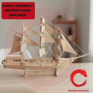 Archivos para corte láser de maqueta de barco de vela de madera de 3 mm, rompecabezas 3D, archivo SVG, plantilla vectorial, DXF, PDF, EPS, CDR, patrón CNC
