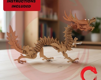May include: A laser-cut wooden dragon model featuring articulated segments, a long tail, and a detailed head. The image includes the text "VIDEO-ASSEMBLY INSTRUCTIONS INCLUDED" and a red circular logo with the text "DRAGON LASER CUT" at the bottom.