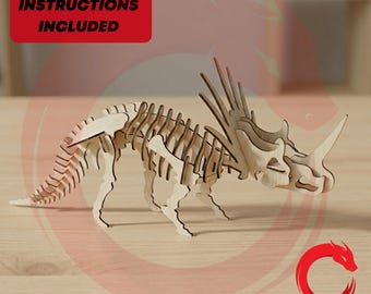 Laser cut dinosaur skeleton 3d puzzle SVG bundle glowforge wood dragon files Vector template file DXF Pdf Eps cnc pattern