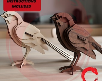 Laser cut Sparrow bird 3d puzzle SVG glowforge files Vector template DXF cnc pattern