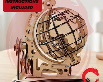 Laser cut GLOBE mechanical puzzle SVG glowforge 3D Earth DXF files Vector template file